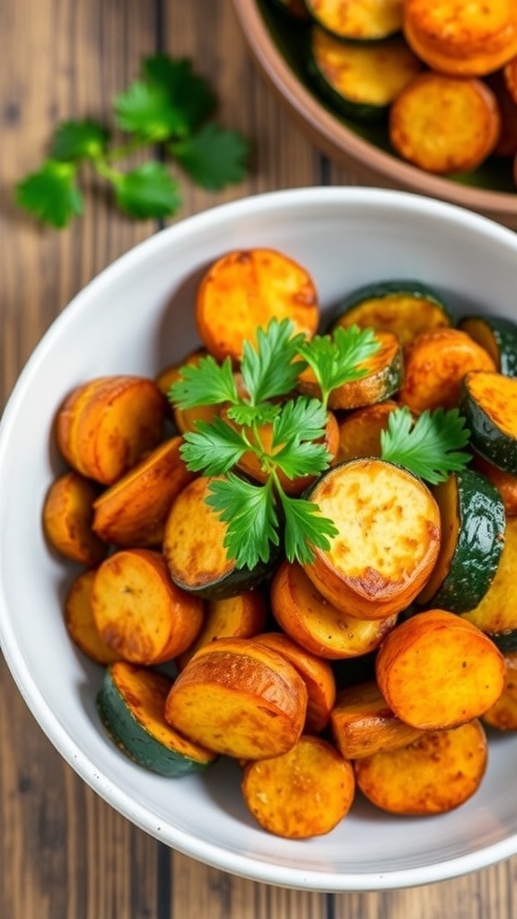 A bowl of crispy air-fried sweet potatoes and zucchini garnished with parsley on a wooden table.